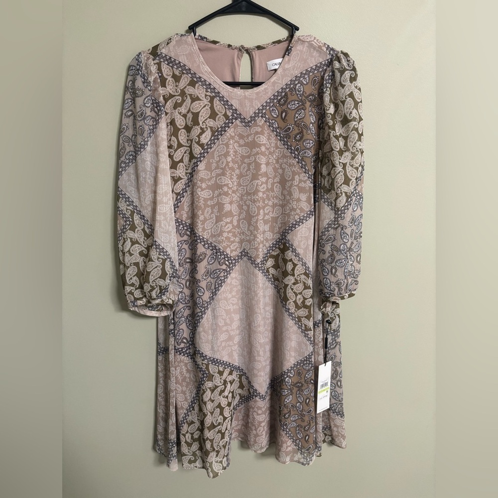 Calvin Klein Paisley Shift Dress Womens Size 4 Chiffon Crinkle 3/4 Sleeve New